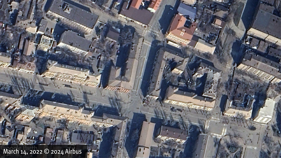Damaged building on March 14, 2022. © 2024 Airbus