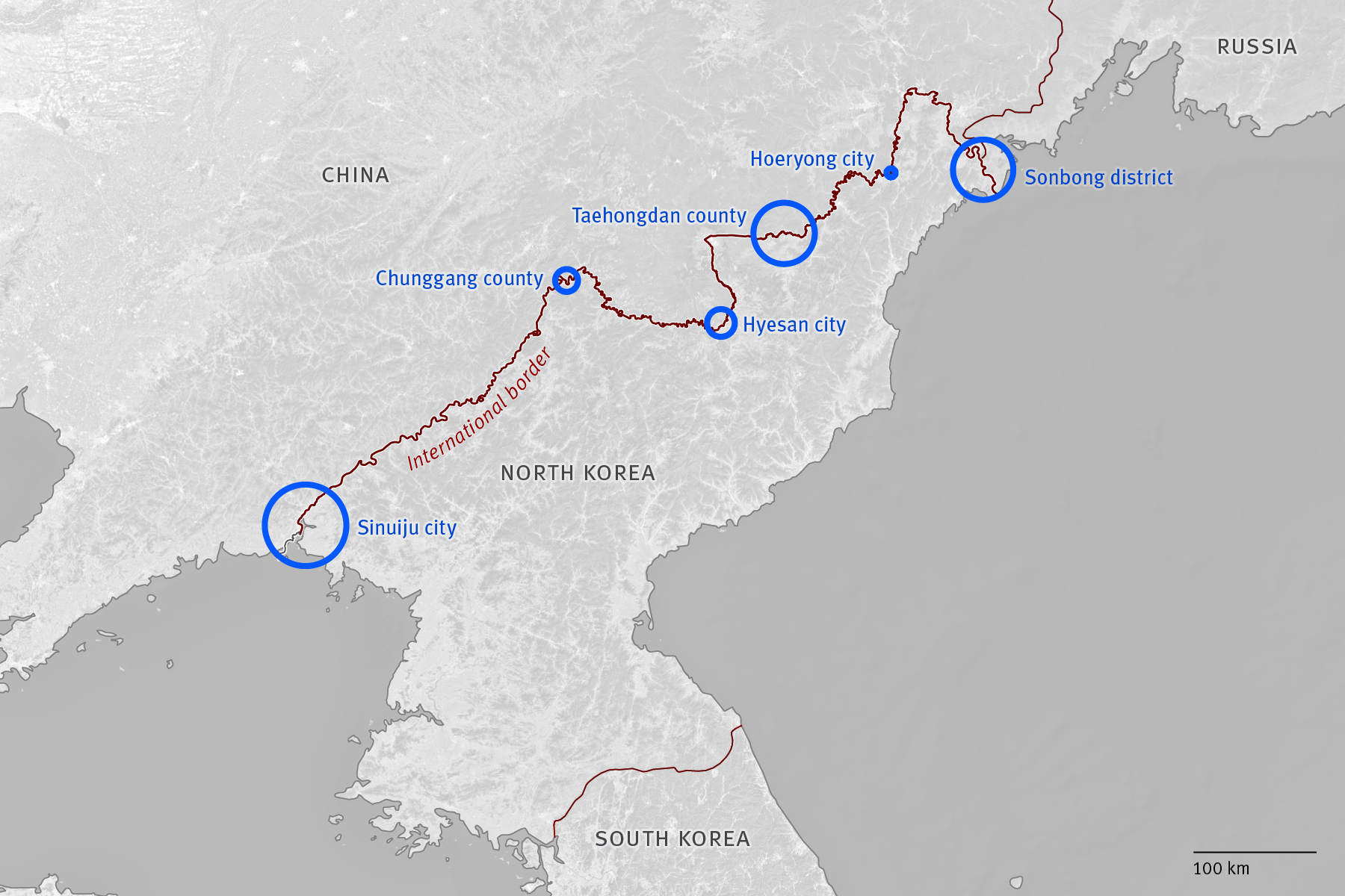 Map of the six areas analyzed along 321 km of the northern border