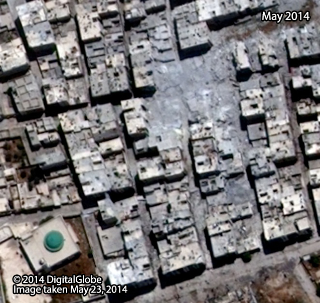 After: Al-Ameria neighborhood in Aleppo City, after it was struck by probable air strike. Image taken May 23, 2014