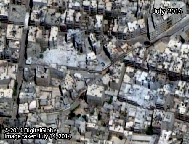After: Al-Ansari Mashad neighborhood after it was struck by probable air strikes. Image taken July 14, 2014